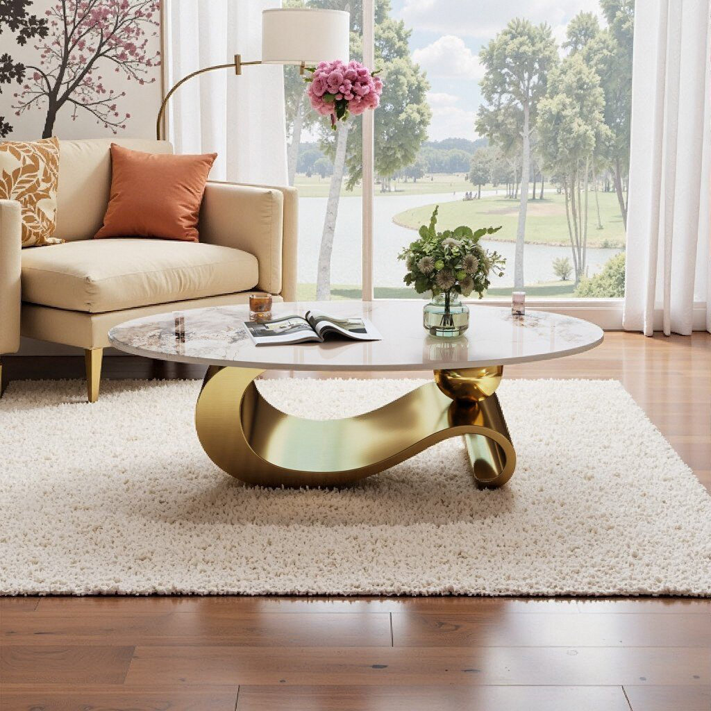 Latitude Run® 49.2" Oval Faux Marble Coffee Table with Gold Stainless ...