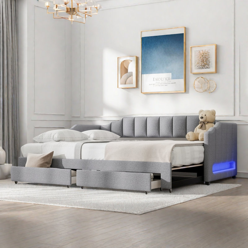 Extendable Upholstered Daybed With 2 Storage Drawers And Led Light, Gray