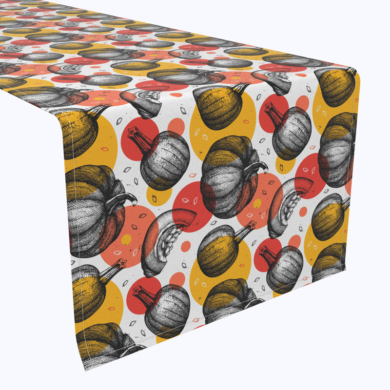 Geometric Halloween Table Runner, 108" x 14", Pumpkins and Autumn Dots