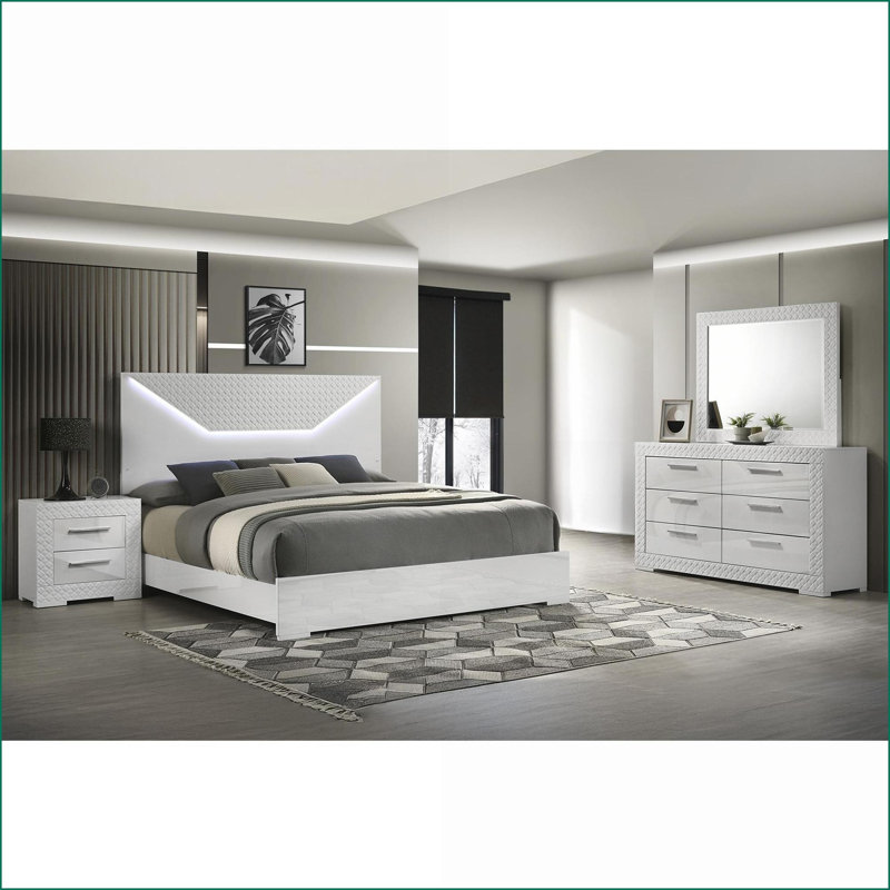 Ensemble de chambre à coucher, grand lit en bois blanc neige 4 pièces avec tête de lit DEL | Bois | Lits standard, Grand lit