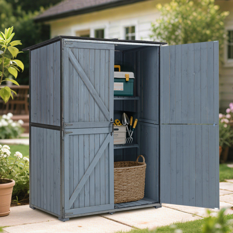 Outdoor Tool Shed with shelf and double doors, 68.9" H x 55.1" W x 29.1" D, Blue/Gray