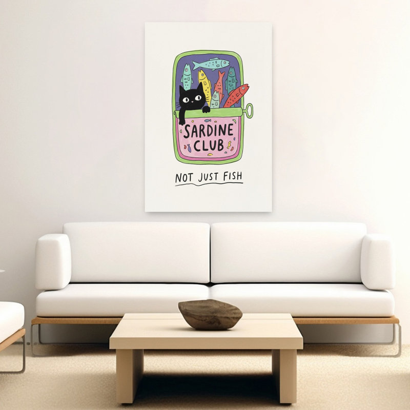 Chat noir, sardine club, coloré, chat contemporain, poisson, impression murale, 60" H x 40" W