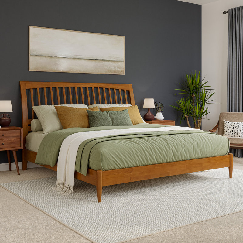 Ambie Low Profile Solid Wood Slatted Spindle Sleigh Bed, King, Light Toffee