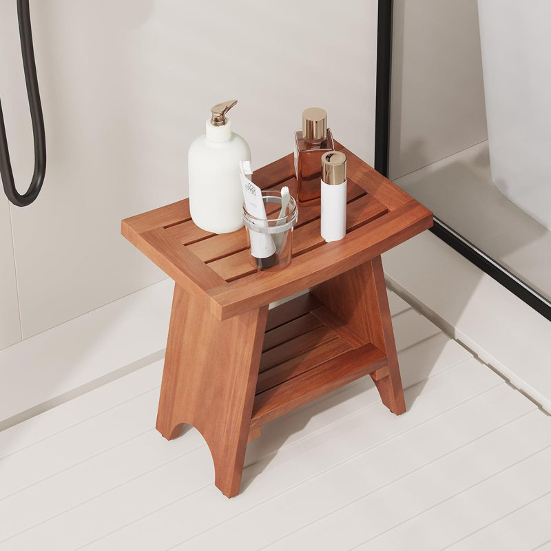 18" Waterproof Teak Shower Bench with Storage Shelf, Versatile Shower Stool for Shaving Legs and Indoor/Outdoor Use