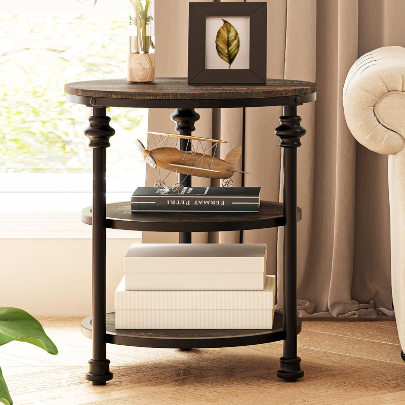 Small Side Table,Round End Table With 3 Shelves,Night Stand Accent Coffee Table With Steel Frame For Small Spaces, Gray