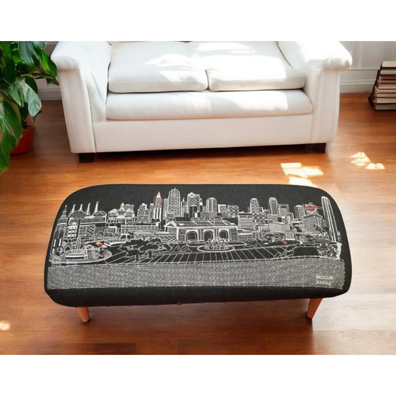 38" Black Wool and Brown Ottoman