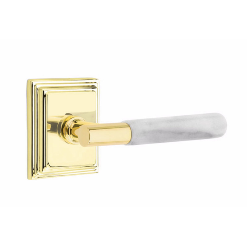 Ensemble de leviers de passage Emtek Select, rosette Wilshire, tige en T, poignée en marbre blanc, gauche