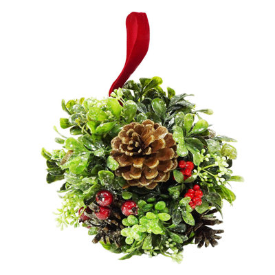 7" Green and Red Glittered Berry with Pine Cone Christmas Topiary Ball Ornament