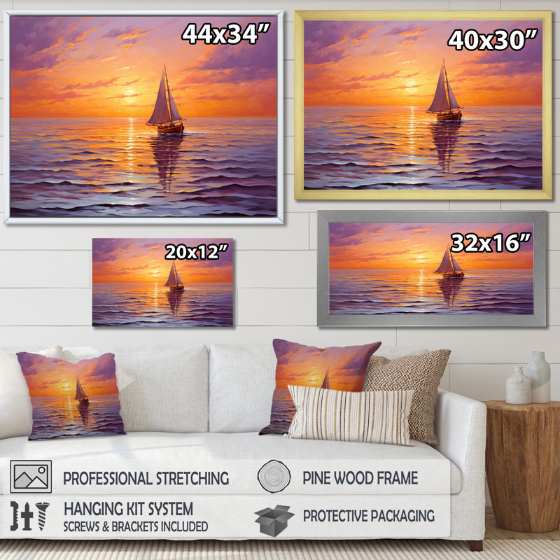 Voilier naviguant au coucher du soleil II - Bateau à voile, art mural, Cadre simple noir, H 12 po x l 20 po x P 1 po