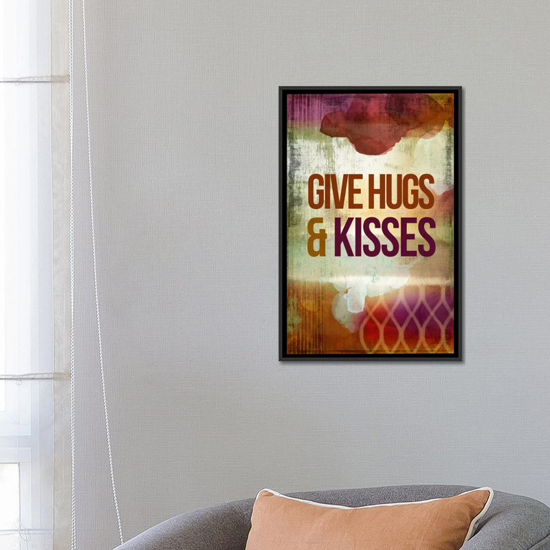 « donner hugs & baisers », art textuel sur toile, H 48 po x l 32 po x P 1,5 po, Toile avec cadre noir, Pas de tapis