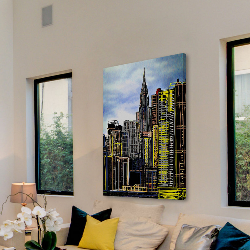 Urban Skyline Nightscape Canvas Print in Blue and Yellow