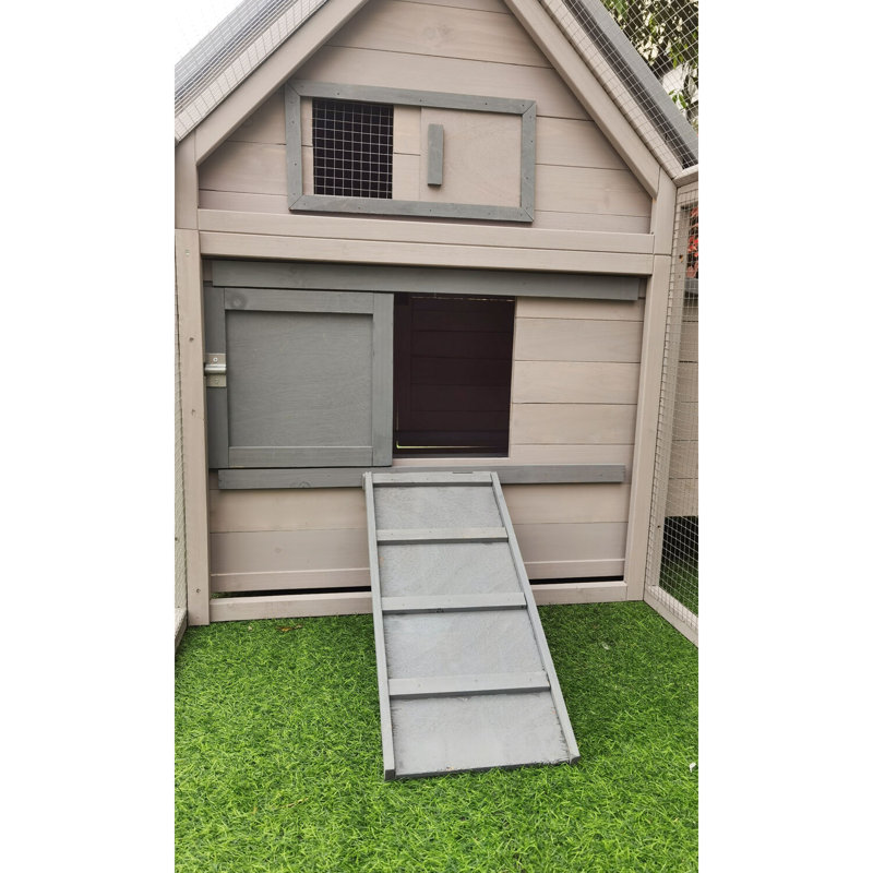 Gray Wooden Chicken Coop with Ramp and Waterproof Roof