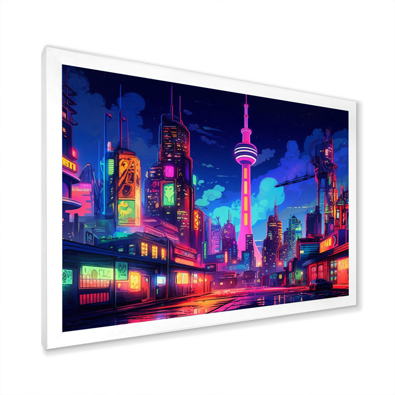 Berlin Neon Cityscape II - art mural de Berlin pour le salon, H 30 po x l 40 po x P 1,5 po, Cadre photo blanc
