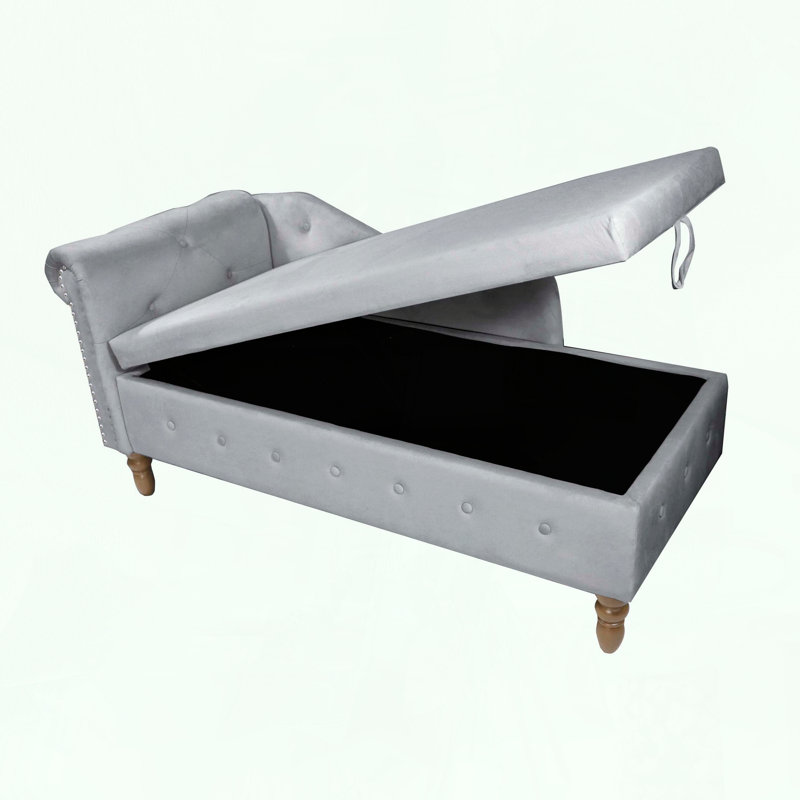 Velvet Chaise Lounge with Storage, Pillow, and Nailhead Trim, Gray