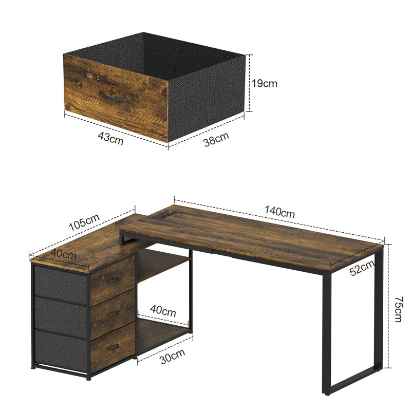 Ahriana L-Shaped Metal Base Computer Desk, Black, Brown