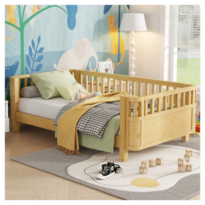 Lit plateforme simple en bois pour enfants avec rails de sécurité - Structure de lit pour tout-petits en pin naturel à profil bas