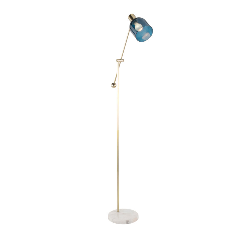 Lampe sur pied contemporaine Marcel en marbre blanc, métal doré et verre bleu