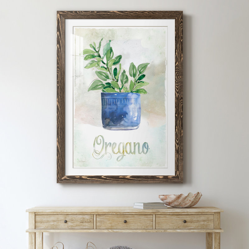 Origan en pot - peinture, Papier, cadre noyer, H 20 po x l 17 po x P 1,5 po