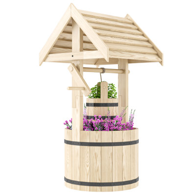 Wishing Well Outdoor Wooden Planter with Hanging Bucket, Tan