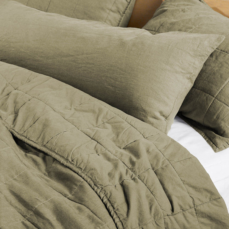French Linen Box Stitch Quilted Sham Set, Moss, King