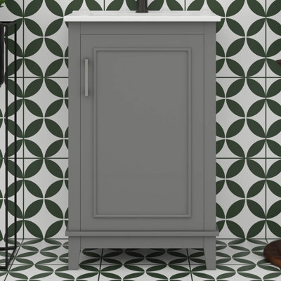 Meuble-lavabo de 20 po avec lavabo en céramique, armoire de salle de bain avec supports de rangement et porte à fermeture en douceur, meuble-lavabo étroit