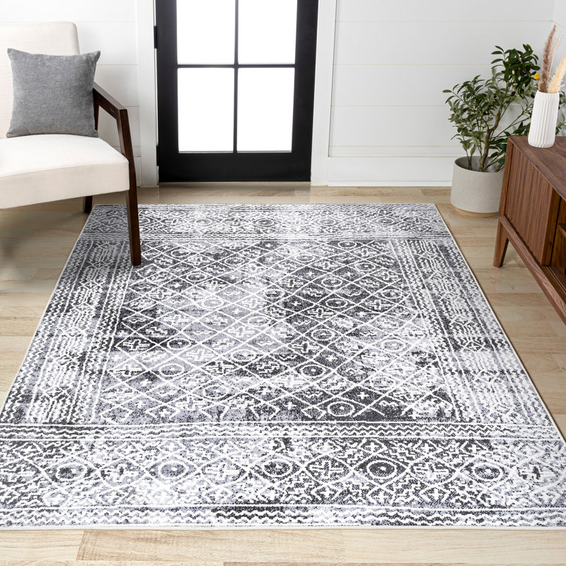 Maidste Moroccan Geometric Distressed Ivory/Black Rug, Rectangle 7'8" x 10'