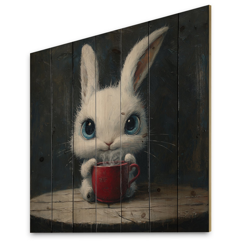 Drôle de lapin ayant un thé II - Reproduction sur bois d'un animal lapin - sur bois de pin naturel