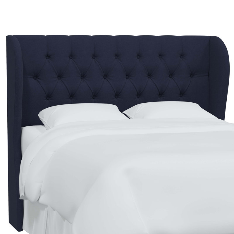 Tête de lit tapissier à oreilles Tomey, Grand, Lin bleu marine classique Xavier
