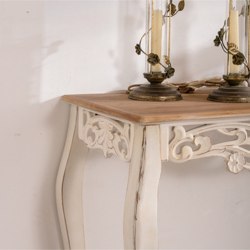 43.31" French Country Carved Console Table - Antique White Distressed Solid Wood & MDF Entry Table With Curved Legs For Hallway/Living Room