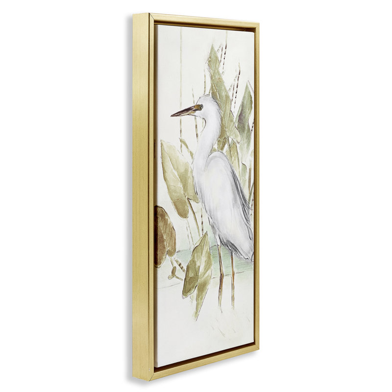 «Egret in Lake», art mural sur toile par Lanie Loreth, H 25 po x l 11 po, Cadre flottant métallique doré