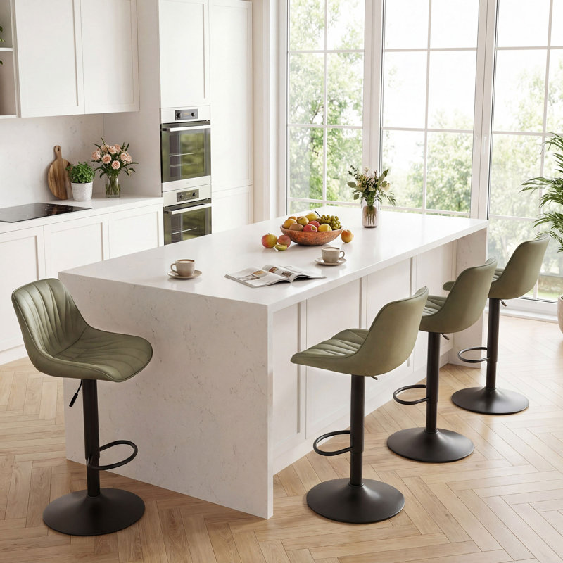 Modern Height Adjustable Swivel Bar Stools Upholstered Leather Barstool Kitchen Island Chairs With Metal Frame, Olive Green