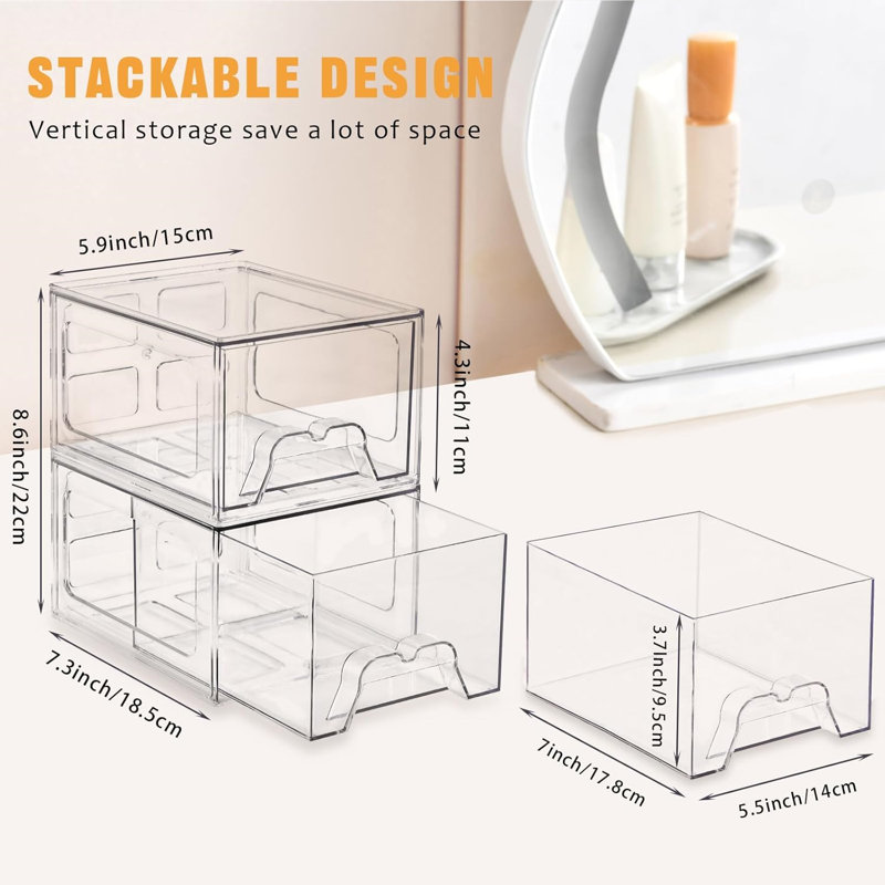 6 Pack Stackable Acrylic Bathroom Makeup Organizer And Storage Drawer With Pull-Out Handle For Vanity, Pantry, Desk, Undersink, Kitchen,Clear,Each 7.3In D X 5.9In W X 4.4In H