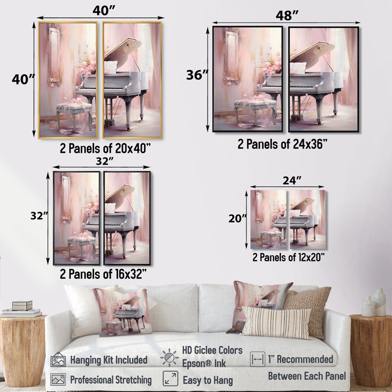 Jeu de piano rose pastel - impressions sur toile traditionnelles, H 20 po x l 24 po, Impression encadrée flottante, Doré