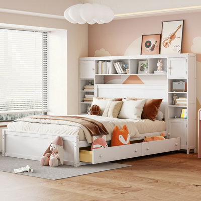Lit en bois avec armoire, tablette et prises tout-en-un