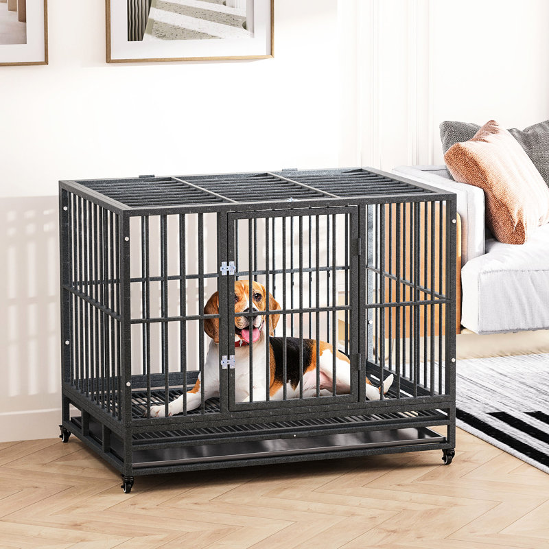 Caisse en métal pour chien avec roues verrouillables, 43 po, porte double, caisse grise amovible à roulettes, plateau