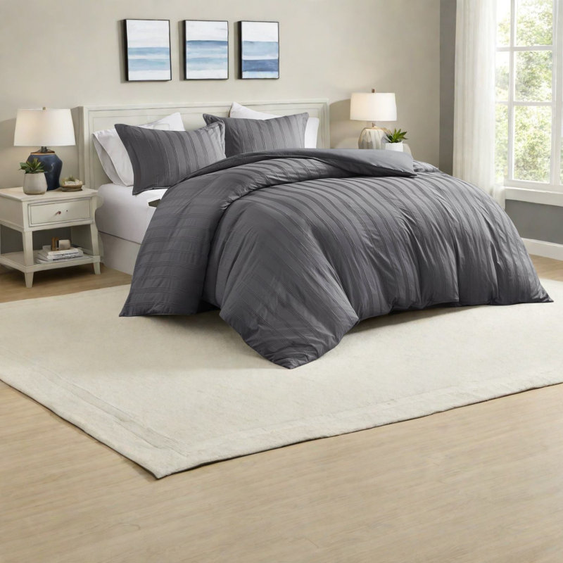Ensemble de literie durable 3 pièces, polyester confortable, motif à rayures moderne pour la chambre à coucher