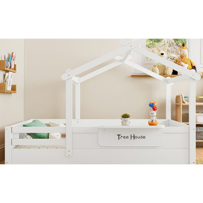 Lit blanc pour maison double avec barrières de sécurité complètes, plateau et panneau intégrés, idéal pour la croissance du sommeil dans un panneau personnalisé, assurant un environnement confortable