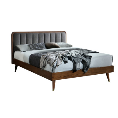 Queen Bed Frame With Mid - Century Look, Solid Wood Frame, No Box Spring Required, Gold Tone Legs In Design, And Main Material, Slat Support System