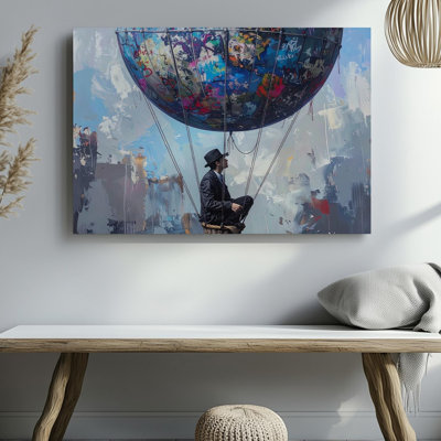 Toile Graffiti ballon échapper à Canvassurreal, fantaisie urbaine avec chapeau melon, art mural, prêt à accrocher, galerie, décoration intérieure