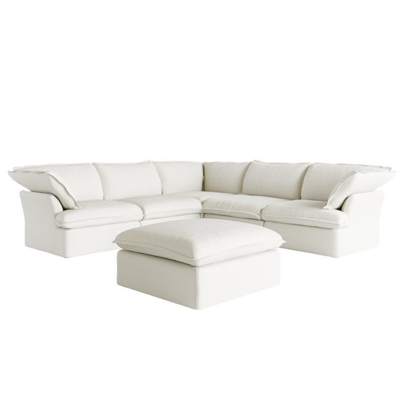 Fairford 6-Piece Upholstered Modern Corduroy Fabric Sectional Sofa With Ottoman, White Linen Blend