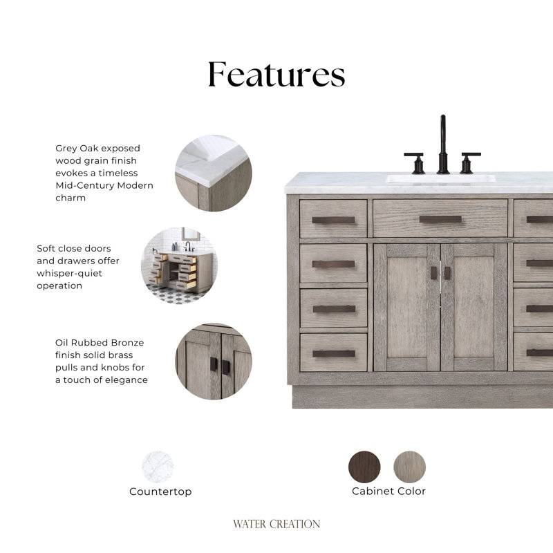 Chestnut 48" Carrara White Marble Countertop Bath Vanity with Mirror, Gray Oak