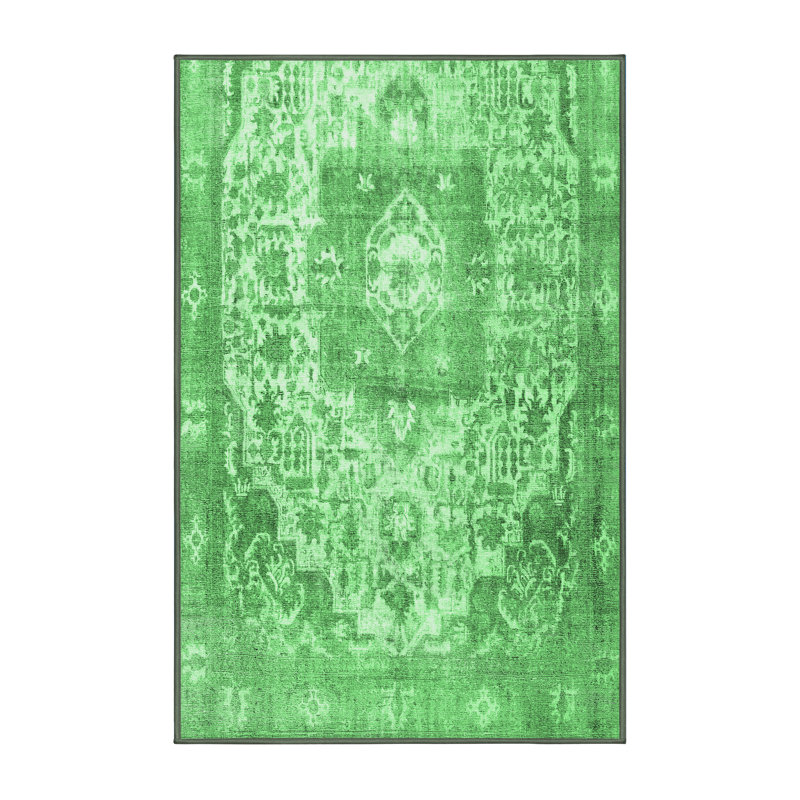 Tapis oriental en laine / polyester tissé à la machine en vert / gris, Rectangle 4 pi x 6 pi
