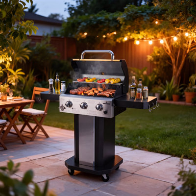 Lpg Grill With Side Table, Stainless Steel, 3X10,000  Btu Heat Output, Ideal For Backyard Cooking, Picnics, And Garden Use