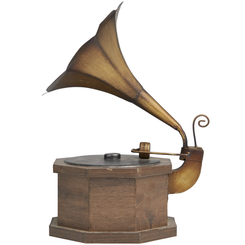 Gramophone en cuivre Frants Wooden Antique Music avec base en bois brun