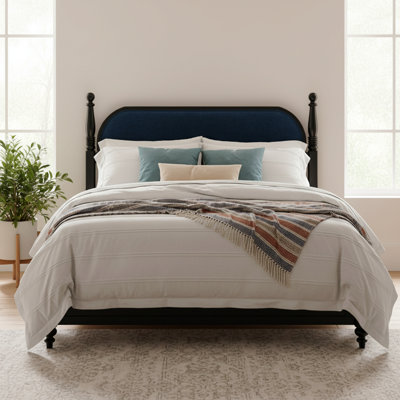 Queen Bed Frame, Wood Platform With Slats, Navy Blue & Black Upholstered Headboard, Modern No Box Spring Needed