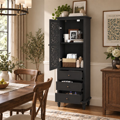 Meuble d'appoint vintage de style ferme de 160 cm de haut avec porte sculptée et 3 tiroirs, meuble de rangement autoportant pour salon, entrée ou salle à manger