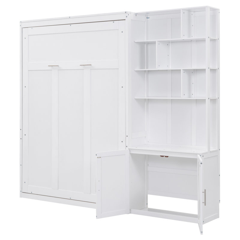 Rust Murphy Bed with Shelves & Wooden Frame, Queen, White