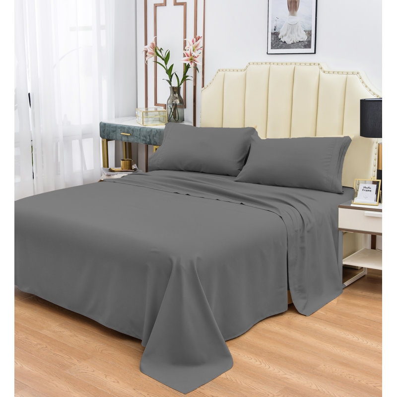  Ensemble de draps 1800 fils en rayonne de bambou, gris, Double