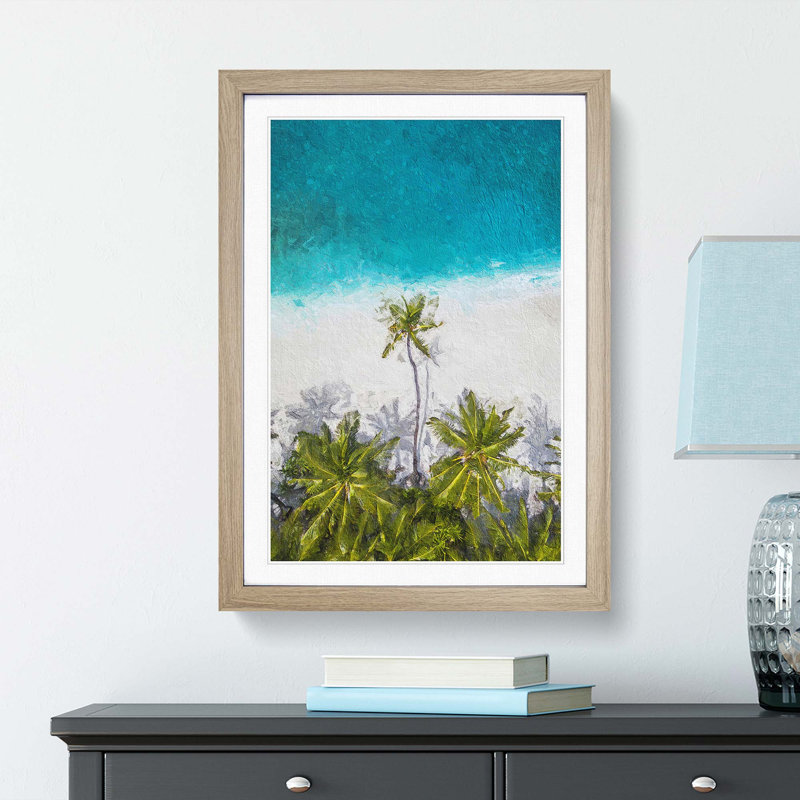 Palm Tree Beach in the Maldives - Framed Print, 65cm H x 48cm W x 2cm D, Oak Framed