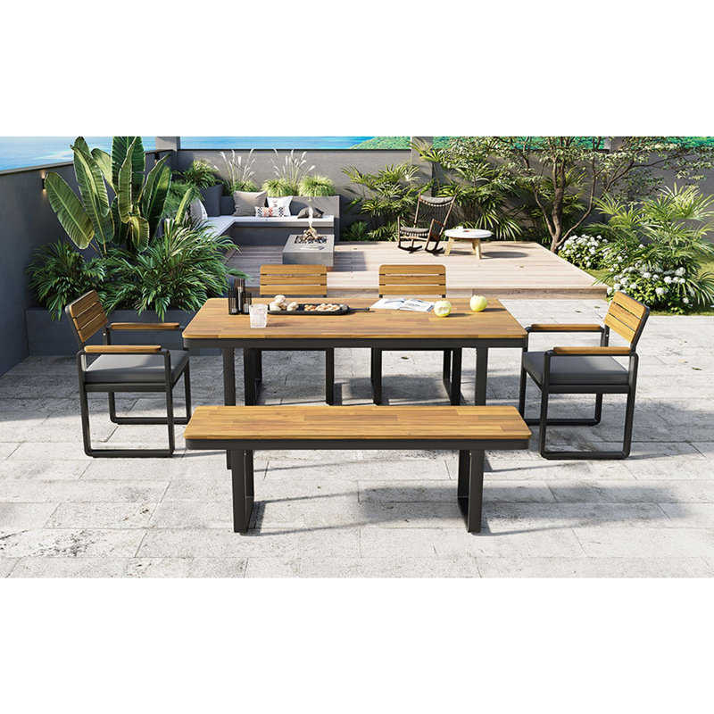 Ensemble de salle à manger 6 pièces en bois d'acacia, 1 table avec 4 chaises et 1 banc, Gris